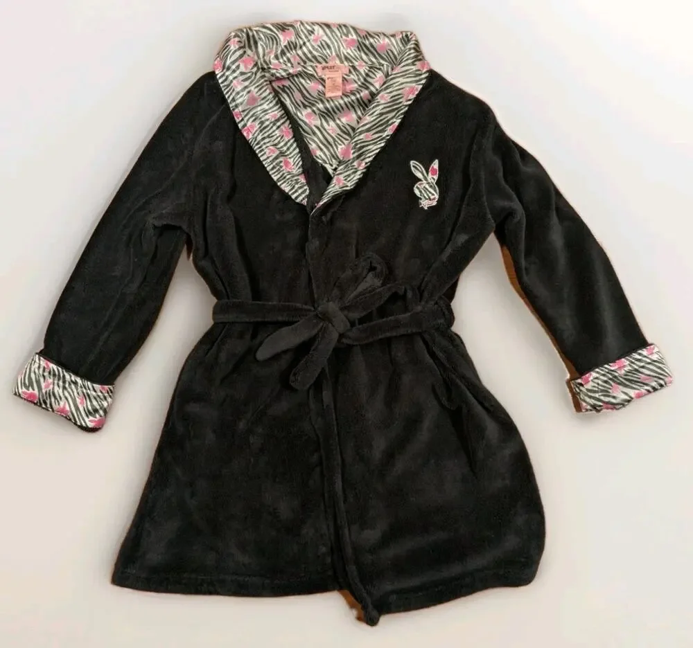 Playboy Intimates Robe Medium Black Plush Belted Bunny Logo Y2K Women